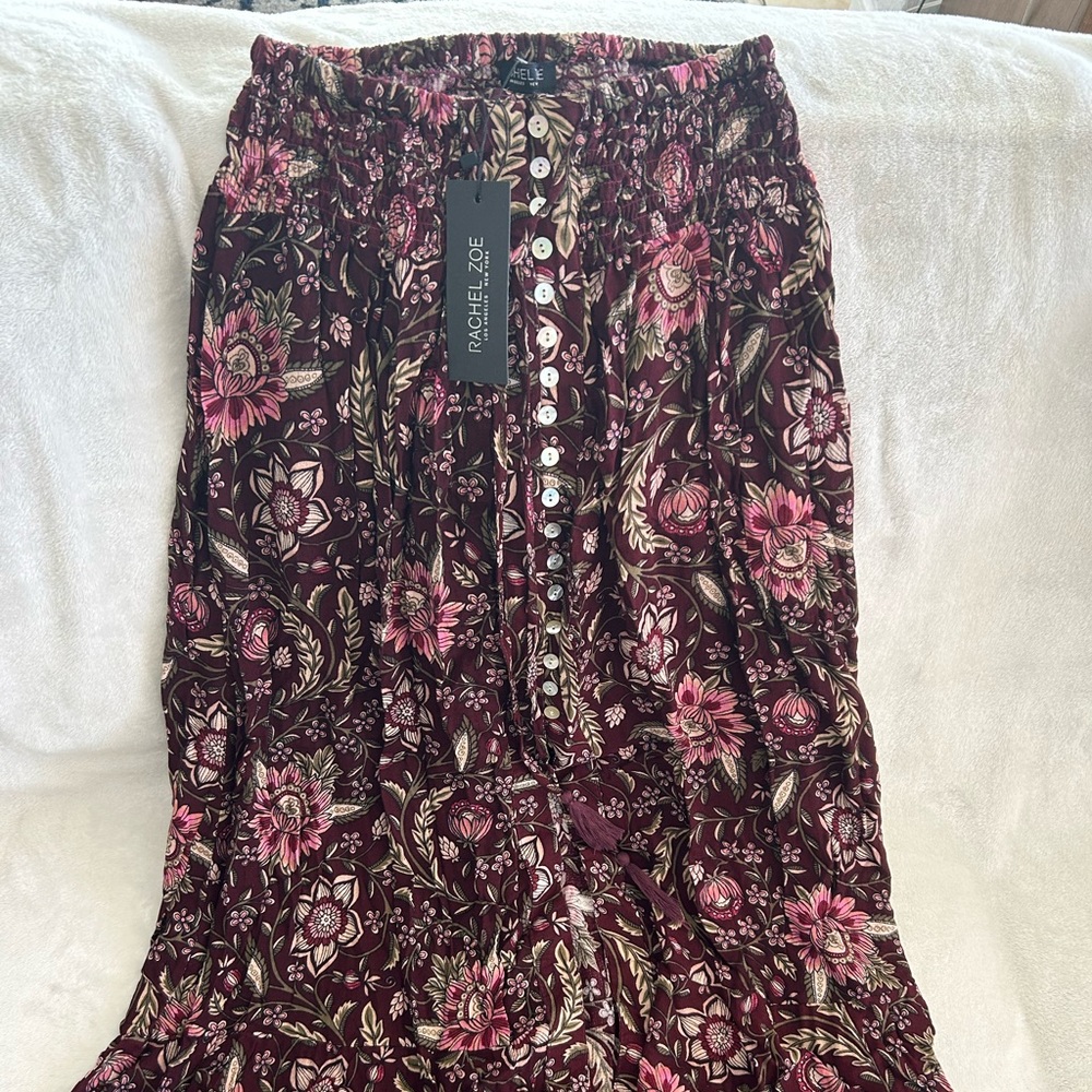 Rachel Zoe Burgundy Floral Front Slit Midi Skirt with Ruffled Bottom Small